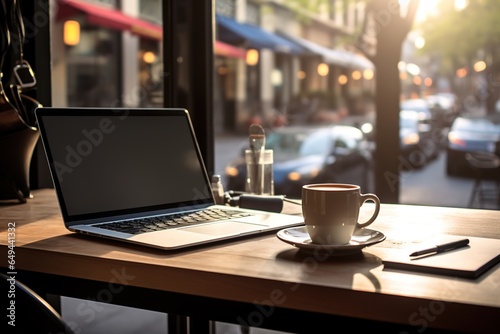 A digital nomad's workstation set up at a bustling urban coffee shop, laptop open, headphones on, with a double shot espresso next to a notepad photo