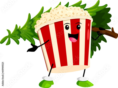 Cartoon popcorn character with Christmas tree