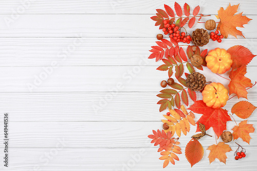 Autumn abstract composition with maple leaves  pine cones  nuts pumpkins and rowan berries  still life  Thanksgiving concept  seasonal background  banner or screensaver  greeting card or invitation 
