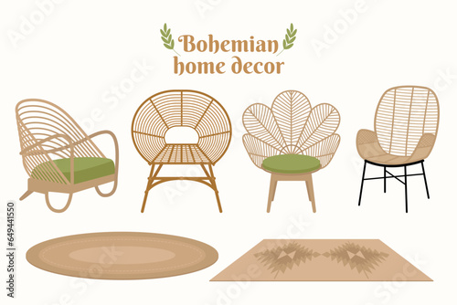 Beautiful bohemian furniture and decoration. Bohemian home decoration vector