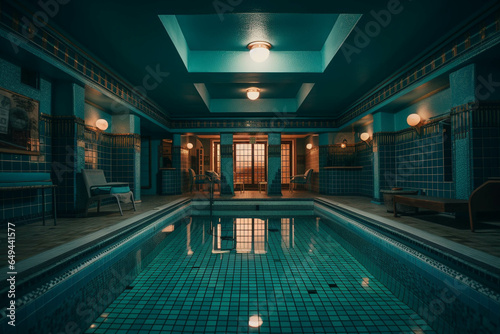 Fancy indoor hotel pool. Dark blue color palette. Aesthetic Centered perspective. Interior Design