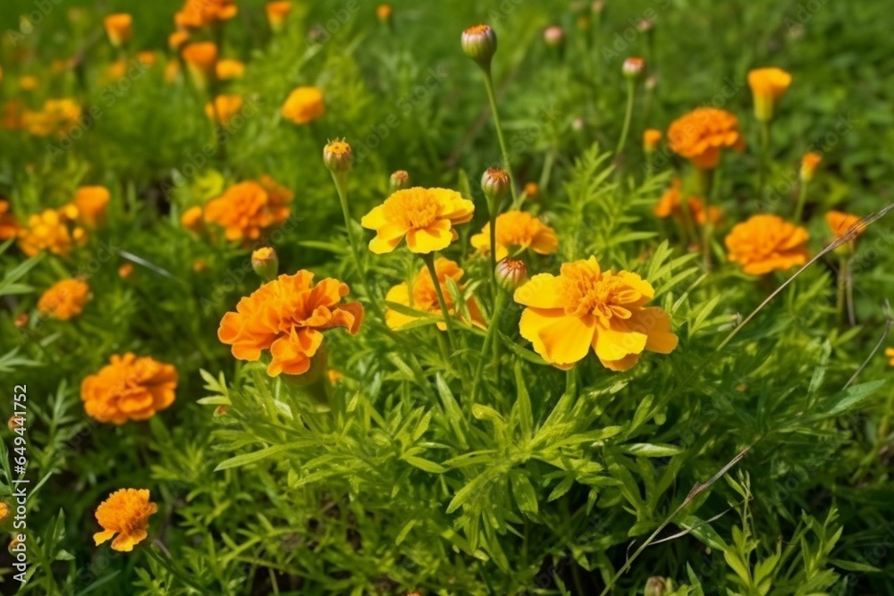 Blooming marigold in wild meadow. Generative AI