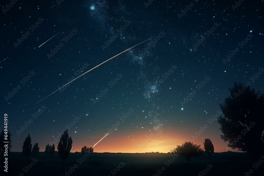 Starry night with shooting stars, beautiful meteor shower. Bright meteorites enter earth's atmosphere. Generative AI