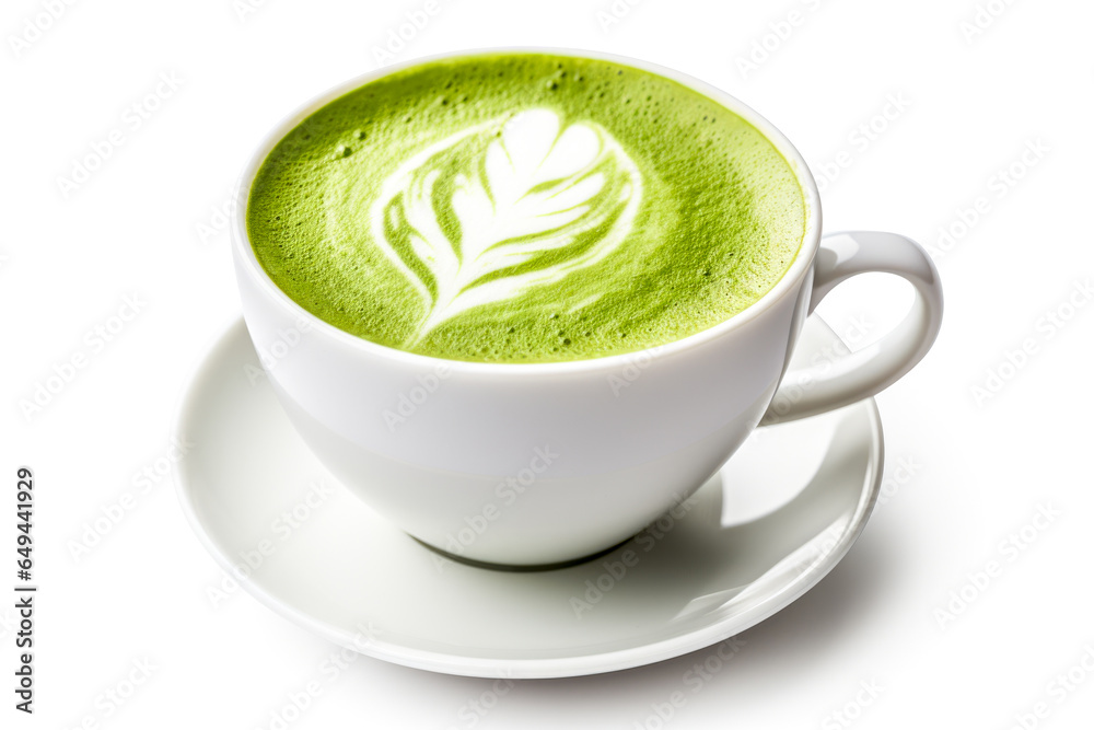 Green tea matcha latte isolated on white background with clipping path - obrazy, fototapety, plakaty 