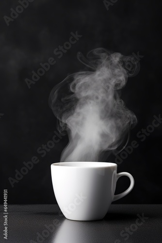 A minimalist setup of a monochrome coffee cup, steam rising, on a plain background, portraying the simplicity and elegance of the beverage in a mordern design