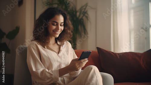 Young adult smiling pretty woman sitting on chair holding smartphone using cellphone modern technology, looking at mobile phone while remote working or learning, texting messages at home office