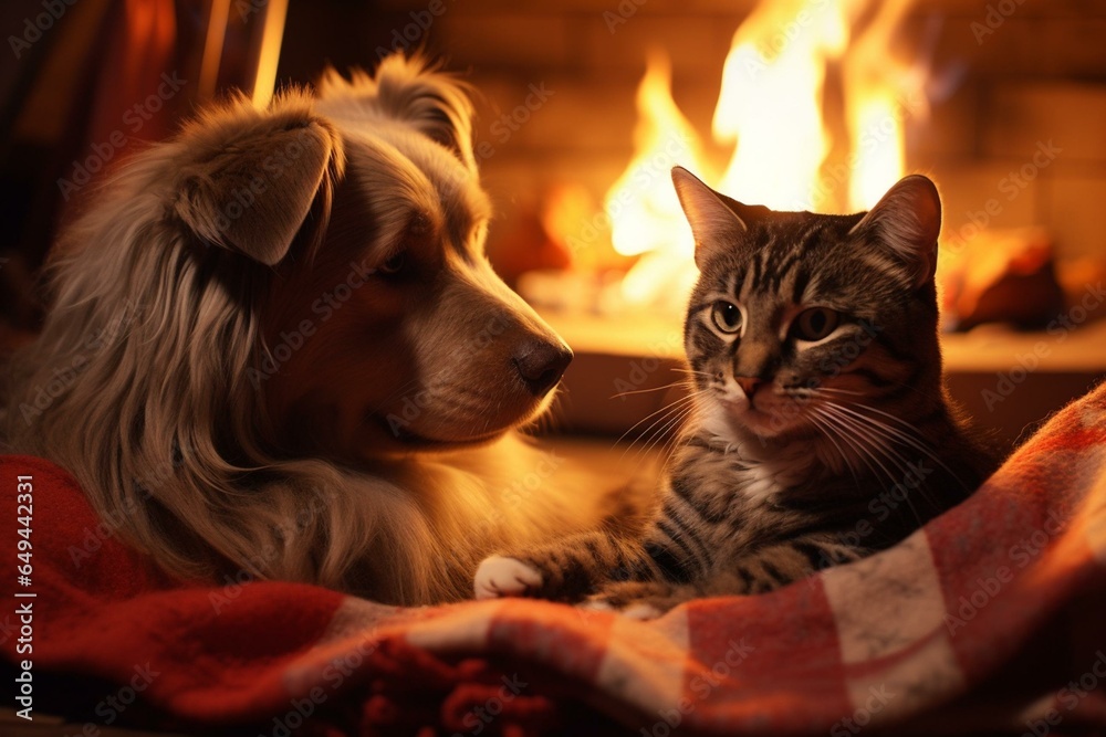 a dog and cat relax near the fire, attentive. Generative AI