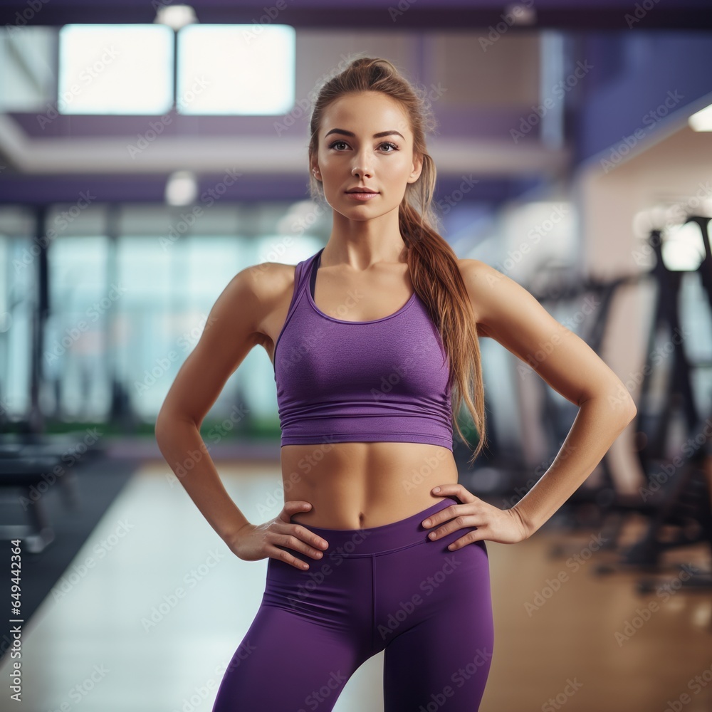 Portrait of young woman wearing purple sport clothes in fitness.