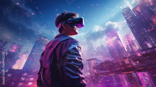 Man with a VR headset looks at a futuristic city in cyberpunk style in shades of purple