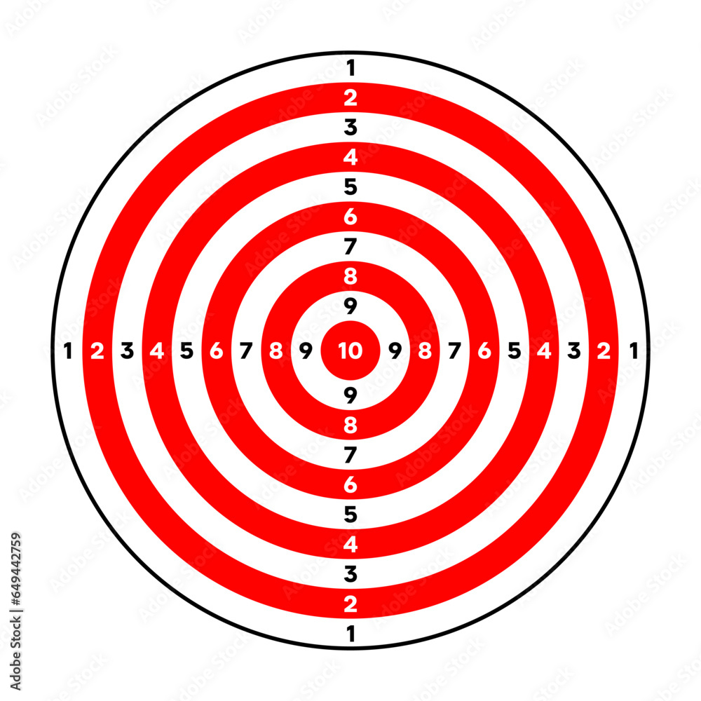 Shooting range paper target with divisions, marks and numbers. Archery, gun shooting practise and training, sport competition and hunting. Bullseye and aim. Vector illustration Shooting range paper target with divisions, marks and numbers. Archery, gun shooting practise and training, sport competition and hunting. Bullseye and aim. Vector illustration