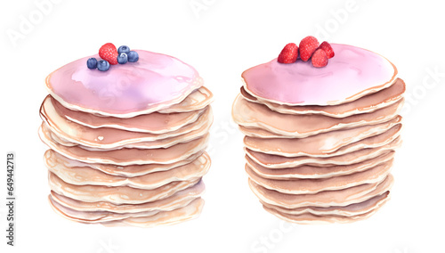 Set of digital watercolor pancakes. Isolated dessert illustration on white background