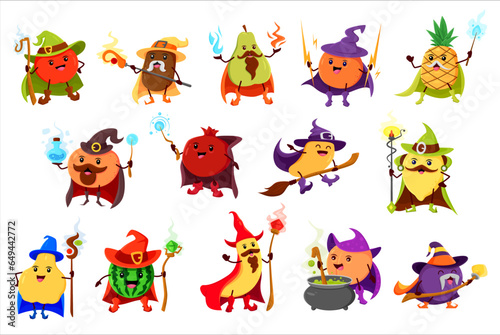 Cartoon fruits wizard or mage sorcerer characters