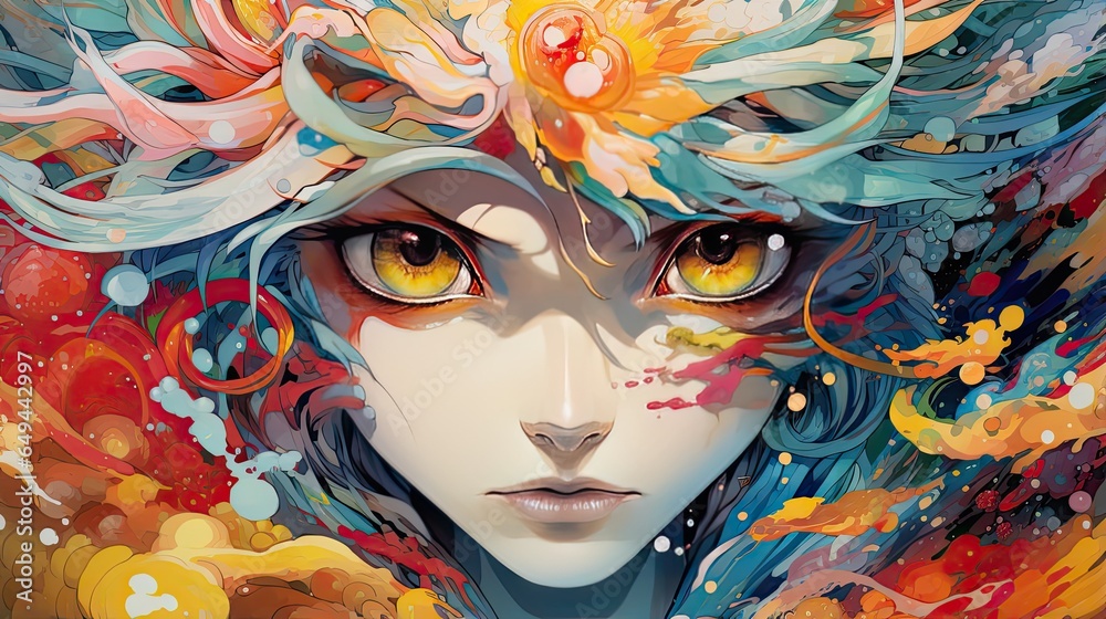 Abstract colorful psychedelic anime girl close up portrait 