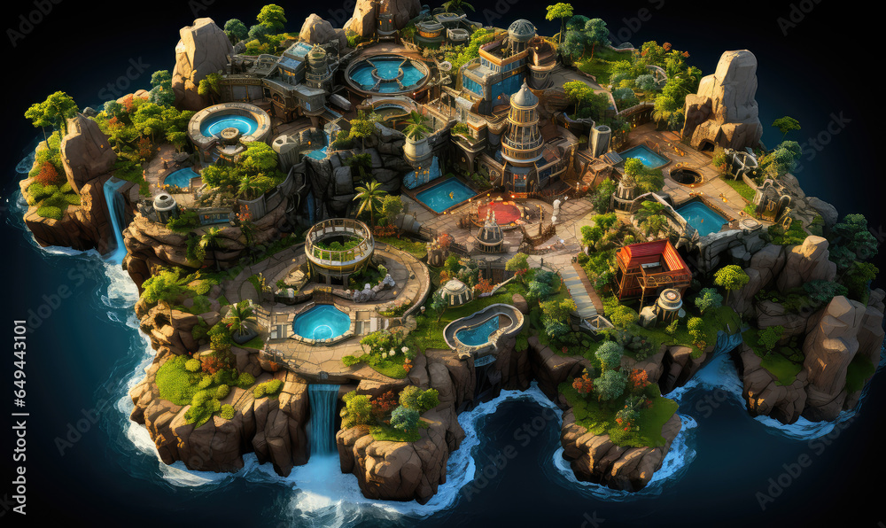 Obraz premium Architectural Marvels Amidst Nature's Splendor: Building Designs that Define Paradise Island - Generative AI