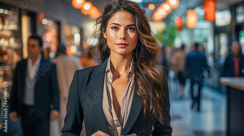 businesswoman wearing a suit walking through a shopping center