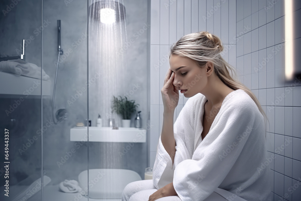 Upset woman in white robe sitting in bathroom Upset woman in white robe sitting in bathroom