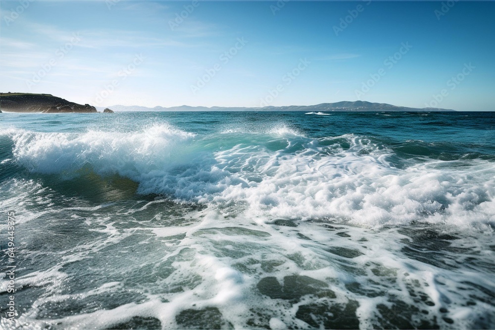 Vivid wave-filled sea meets clear sky. Generative AI