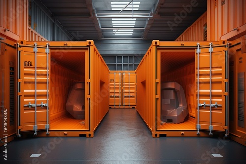 Computer-generated portrayal of cargo containers, featuring an orange one displaying open and closed doors. Generative AI