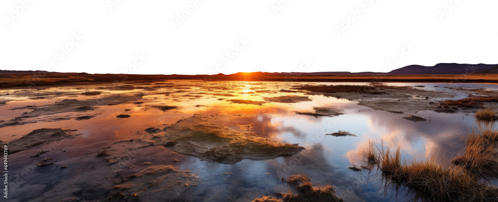 sunset over the river. transparent PNG background. Flooded rural landscape. Everglades, Okefenokee Swamp, Dismal Swamp