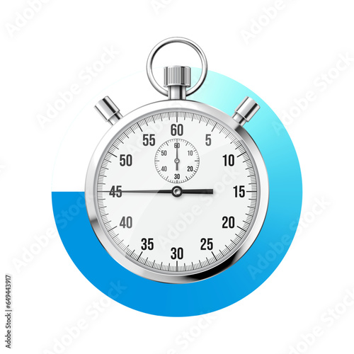 Realistic classic stopwatch. Shiny metal chronometer, time counter with dial. Blue countdown timer showing minutes and seconds. Time measurement for sport, start and finish. Vector illustration