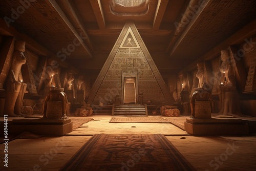 Interior of Giza pyramid, Egyptian hall concept art. Wallpaper with grave interiors inside pyramids, hieroglyphs on tomb walls. Generative AI