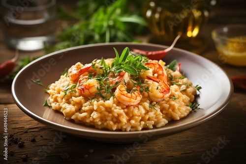 Delicious risotto dish with prawns, spice, and herbs presented on a rustic wooden table. Generative AI