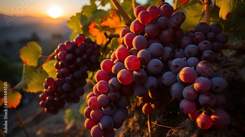 Ripe red grapes in vineyard at sunset. Ripe grapes ready for harvest