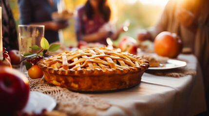 Thanksgiving family dinner. Traditional apple pie and vegan meal close up, with blurred happy people around the table celebrating the holiday. Togetherness with family.