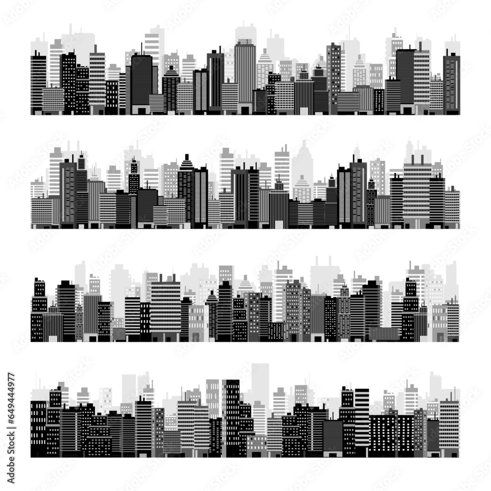 City silhouettes. Cityscape, town skyline, horizontal panorama. Midtown, downtown with various buildings, houses and skyscrapers. Vector illustration