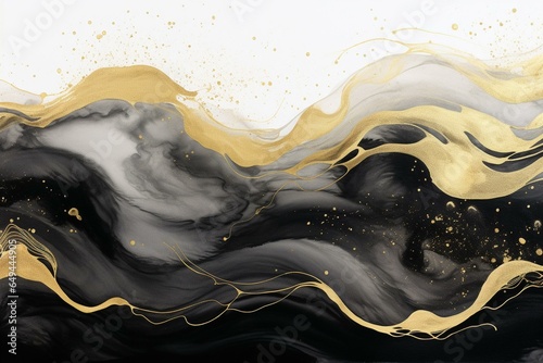 A modern watercolor texture with abstract black waves and gold splashes  perfect for cards  invitations  wedding design  or menus. Generative AI