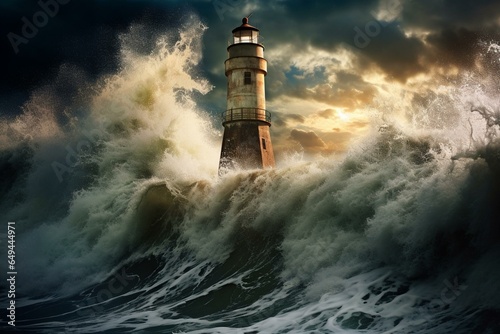 intense ocean waves crashing against lighthouse. Generative AI