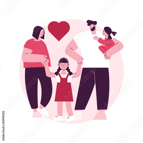 Caring adoptive fathers abstract concept vector illustration. Foster care, father in adoption, happy interracial family, having fun, together at home, childless couple abstract metaphor.