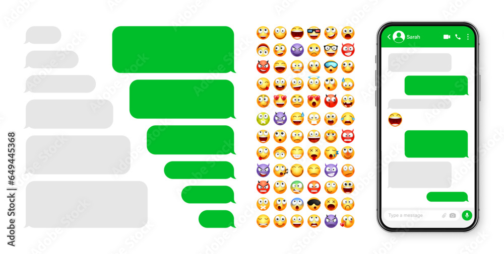 Smartphone messaging app, user interface design with emoji. SMS text frame. Chat screen with green message bubbles. Texting app for communication. Social media application. Vector illustration Smartphone messaging app, user interface design with emoji. SMS text frame. Chat screen with green message bubbles. Texting app for communication. Social media application. Vector illustration