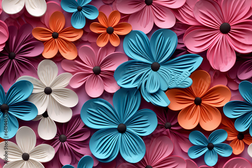 beautiful, full background, pretty, whimsical, paper flowers, 3D, paper pink flower, paper blue flower, paper teal flower, paper purple flower, bright, wonderland, 