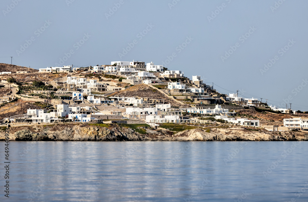 Mykonos, Greece - July 21, 2023: Villas and hotels along the shores of Mykonos Greece
Mykonos, Greece - July 21, 2023: Villas and hotels along the shores of Mykonos Greece