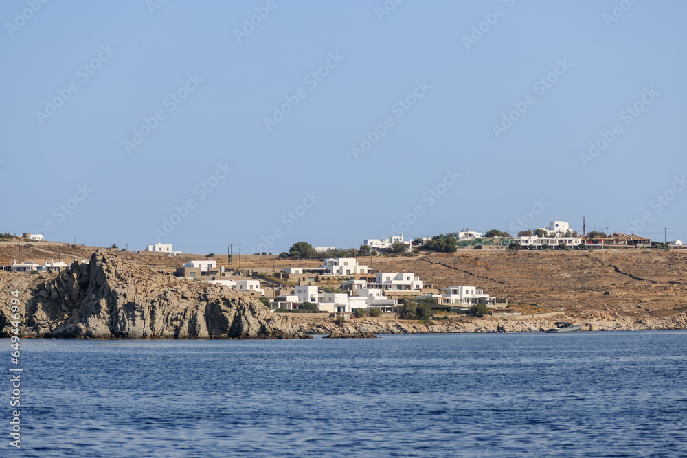 Mykonos, Greece - July 21, 2023: Villas and hotels along the shores of Mykonos Greece
