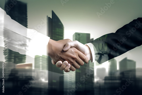 business people shaking hands buldings on background
