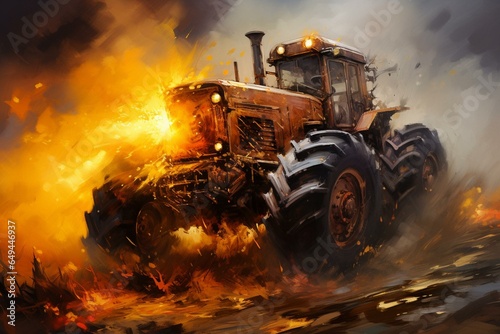 A fast tractor with fiery wheels races across muddy land. Generative AI