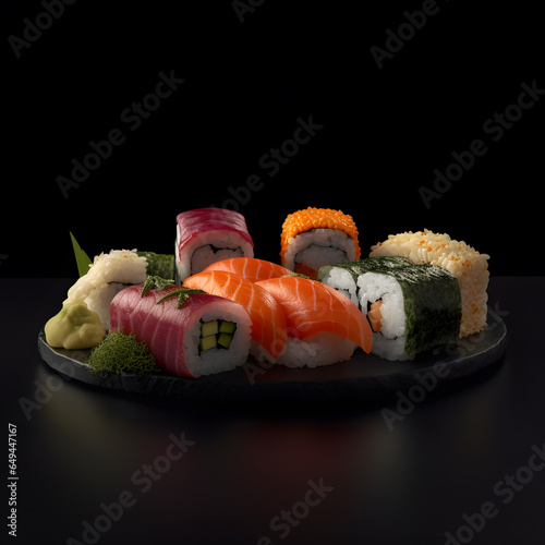 sushi on a plate black background