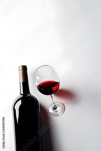 Red wine bottle and glass white background