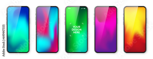 Smartphone with touch screen and abstract colorful background, wallpaper. Frameless mobile phone in front view. High quality detailed device mockup. Vector illustration