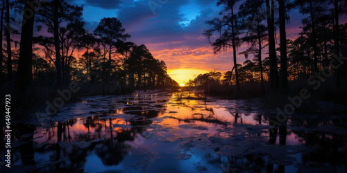 sunset, sunrise, dusk, twilight swamp. flooded landscape. rural lake, creek, swamp. Asmat Swamp, Indonesia.