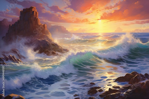 Scenic seascape featuring striking rocks, crashing waves, intense sky, and vibrant colors. Generative AI