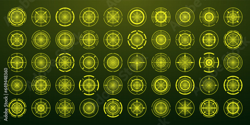 Crosshair, gun sight vector icons. Bullseye, black target or aim symbol. Military rifle scope, shooting mark sign. Targeting, aiming for a shot. Archery, hunting and sports shooting. Game UI element.