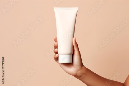 woman hand is holding a white mockup tube of facial cream on a beige isolated background © id512