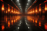 Large dark hall with a lot of orange lights and glossy floor