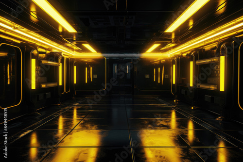 Dark empty large room with yellow lights © GraphiteCat