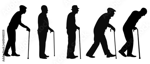 Silhouettes of elderly men with cane.Set of vector silhouettes isolated on white background.