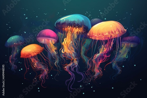 Abstract illustration with surrealistic elements depicting colorful jellyfish in the ocean. Generative AI