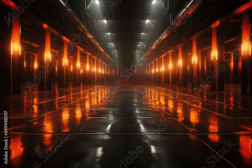 Large dark hall with a lot of orange lights and glossy floor